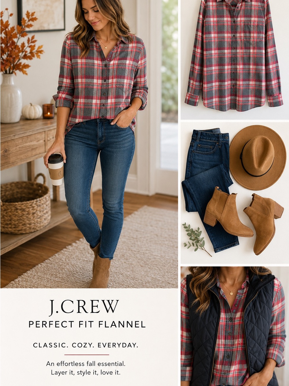 J. Crew Gray and Red Plaid Flannel Button-Down M